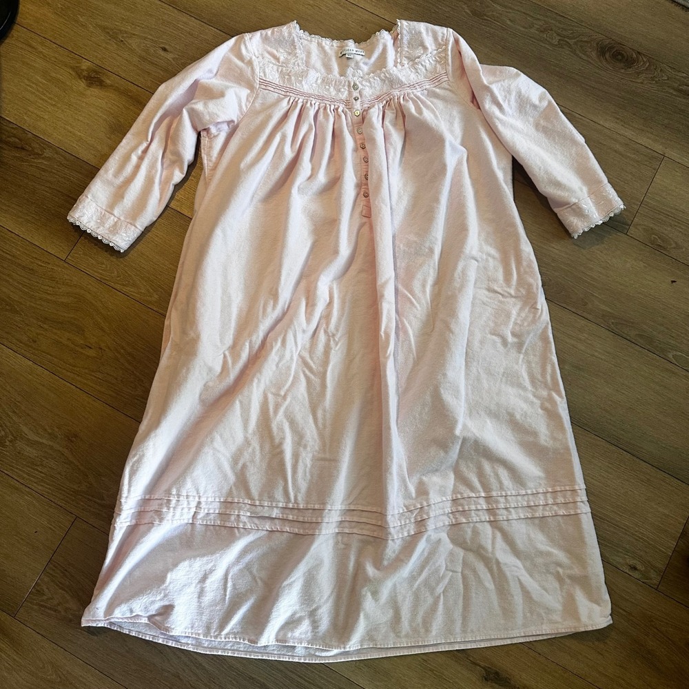 Eileen West Pink Cotton Embroidered Lace Nightgown XL Long Sleeve Cottagecore